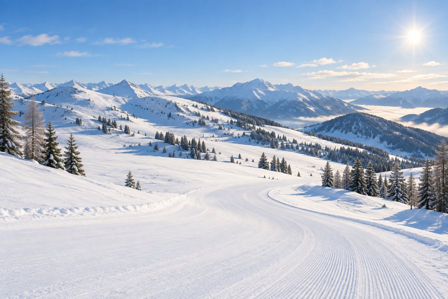 KI-generierte Illustration einer präparierten Skipiste mit verschneiten Bergen und Nadelbäumen.