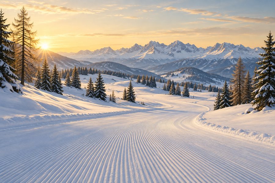 KI-generierte Illustration einer präparierten Skipiste zwischen verschneiten Nadelbäumen vor einem Alpenpanorama, als Darstellung des Skigebiets Nassfeld.