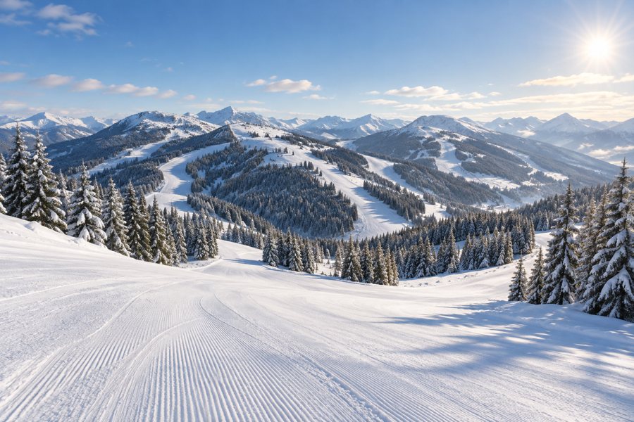 KI-generierte Illustration einer präparierten Skipiste zwischen verschneiten Wäldern und Alpenhängen in Schladming
