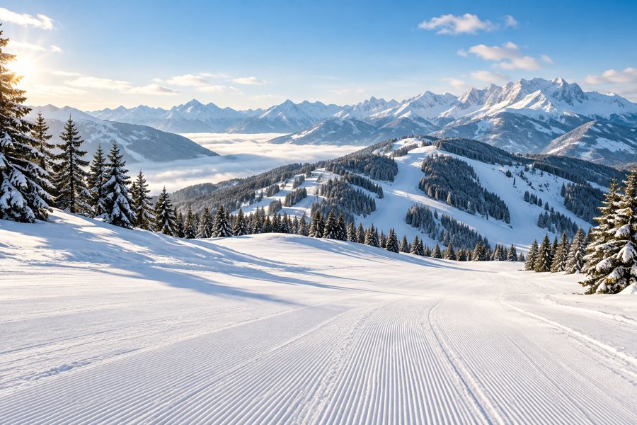 KI-generierte Illustration einer präparierten Skipiste in winterlicher Berglandschaft beim Skigebiet Aflenz Bürgeralm
