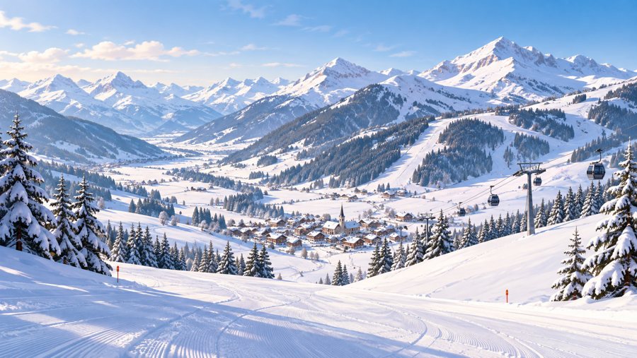 KI-generierte Illustration eines verschneiten Skigebiets mit Pisten, Seilbahnen und einem Dorf im Tal.