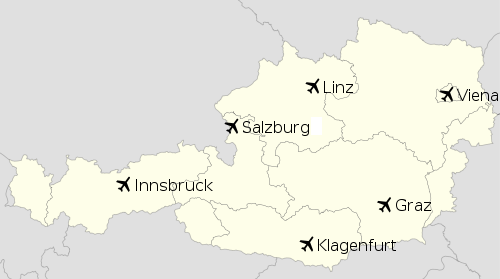 Flughäfen in Österreich. Übersichtskarte der österreichischen Flughäfen